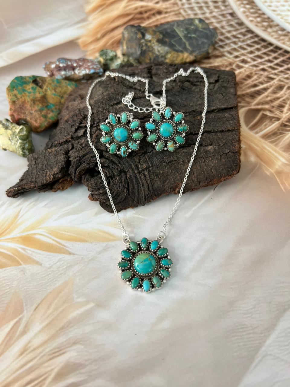 Handmade Sterling Silver Kingman Turquoise Necklace Earrings Set "Signed Nizhoni"