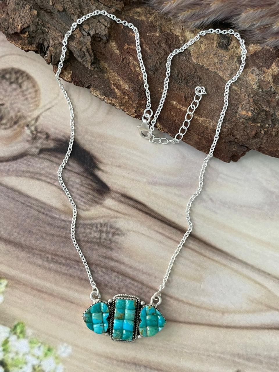 Handmade Sterling Silver Kingman Turquoise Cobble Stone Necklace Signed Nizhoni