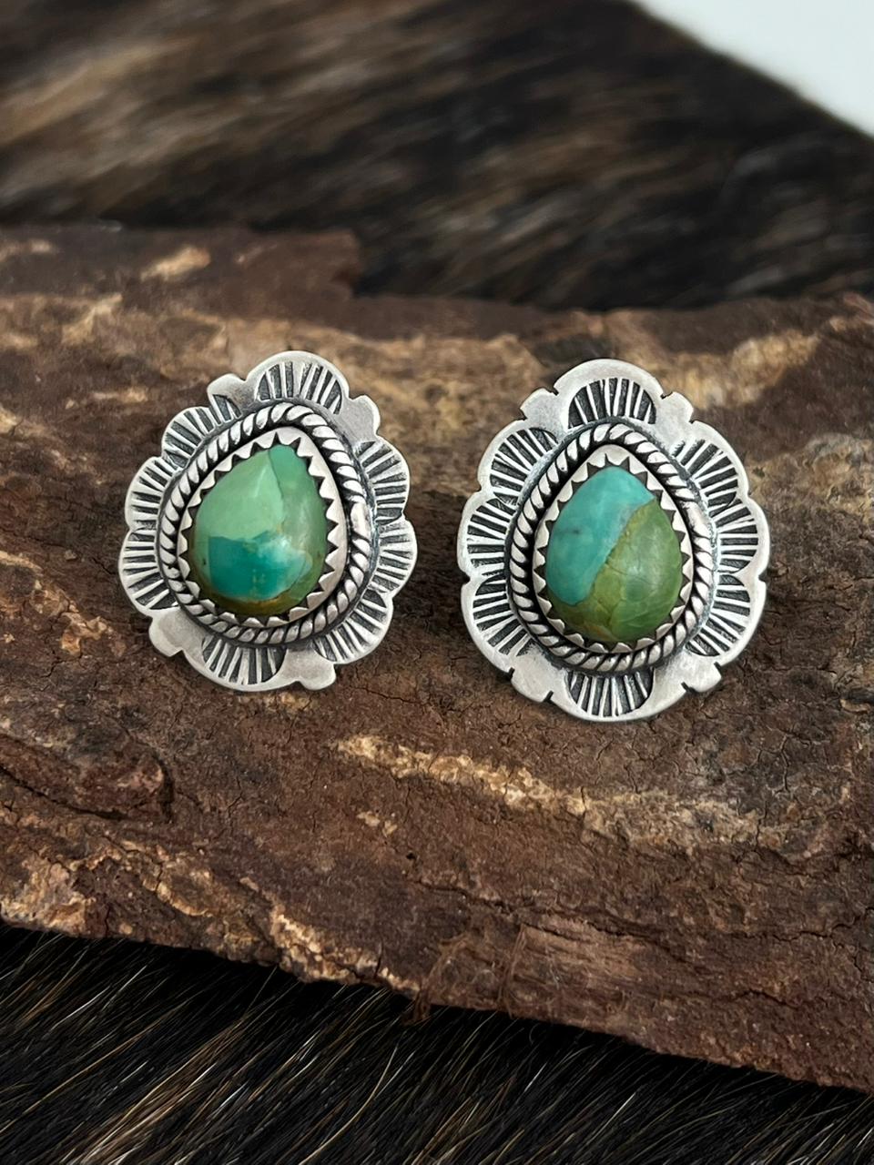 Handmade Sterling Silver Kingman Turquoise Post Studs Earrings "Signed Nizhoni"