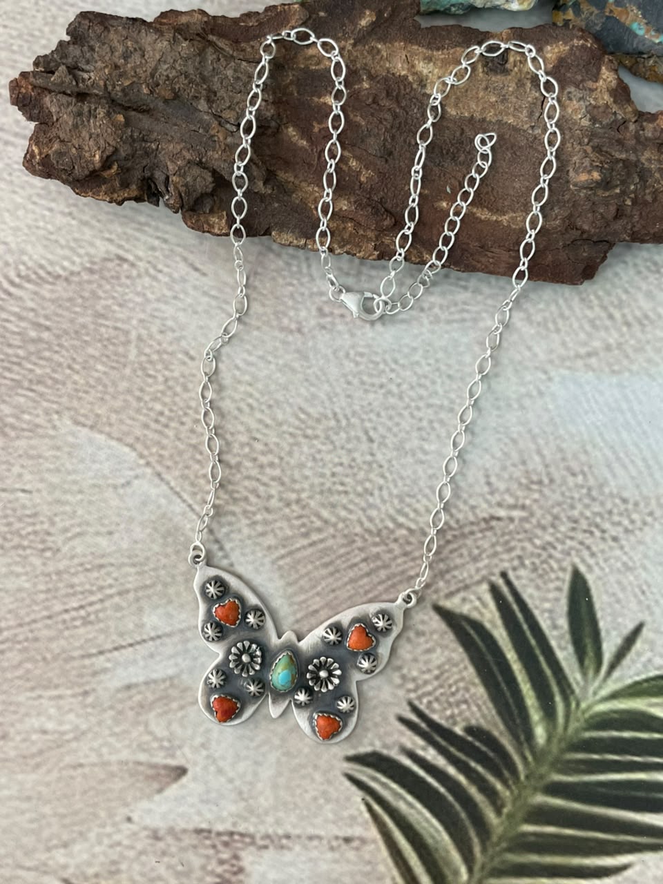 Handmade Sterling Silver Orange Mojave with Kingman Turquoise Butterfly Necklace Signed Nizhoni
