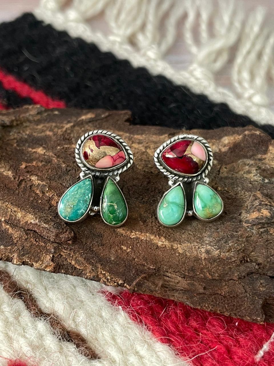 Handmade Sterling Silver Dahlia Rose with Emerald Valley Turquoise Post Earrings "Signed Nizhoni"