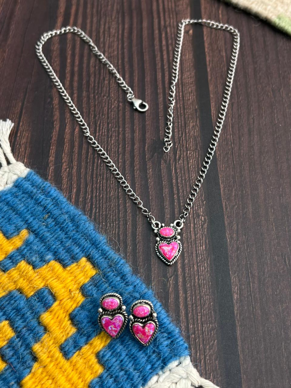 Handmade Sterling Silver Hot Pink Necklace Earrings Set "Signed Nizhoni"