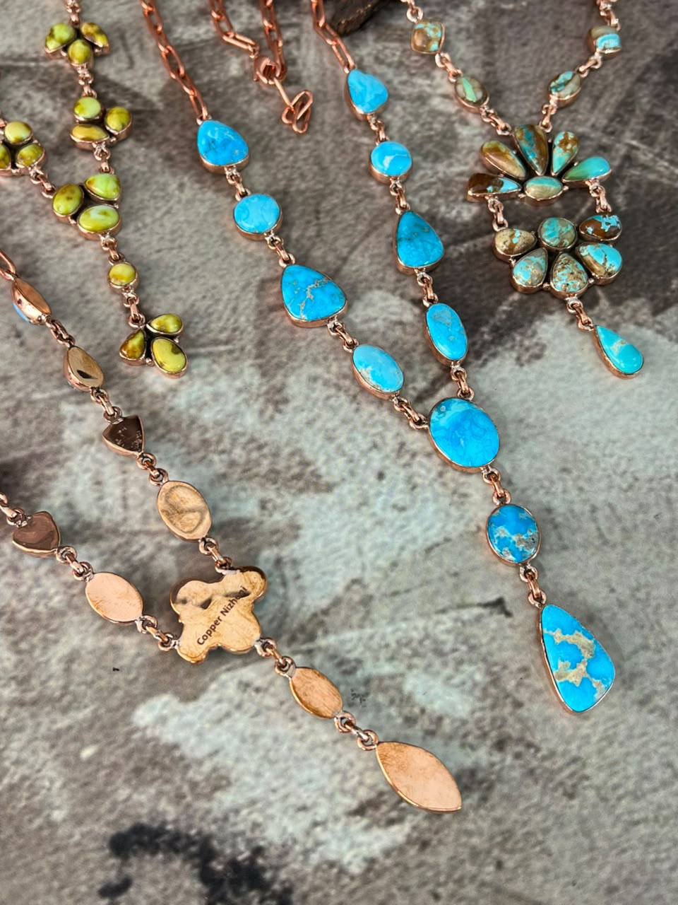 Handmade Royston, Palomino, Sierra Bella, and Golden Hills Turquoise Copper Collection: Necklace Signed Nizhoni