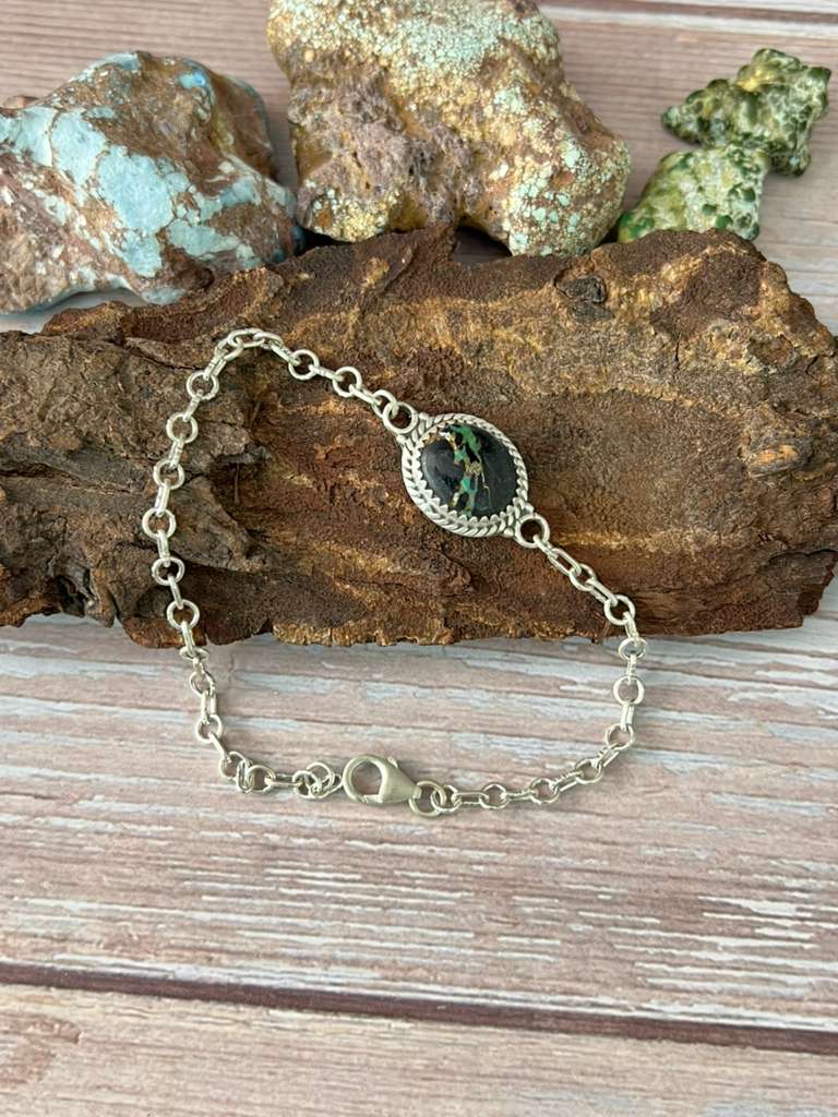 Handmade Sterling Silver Blackjack Turquoise Chain Bracelet with Signed Nizhoni
