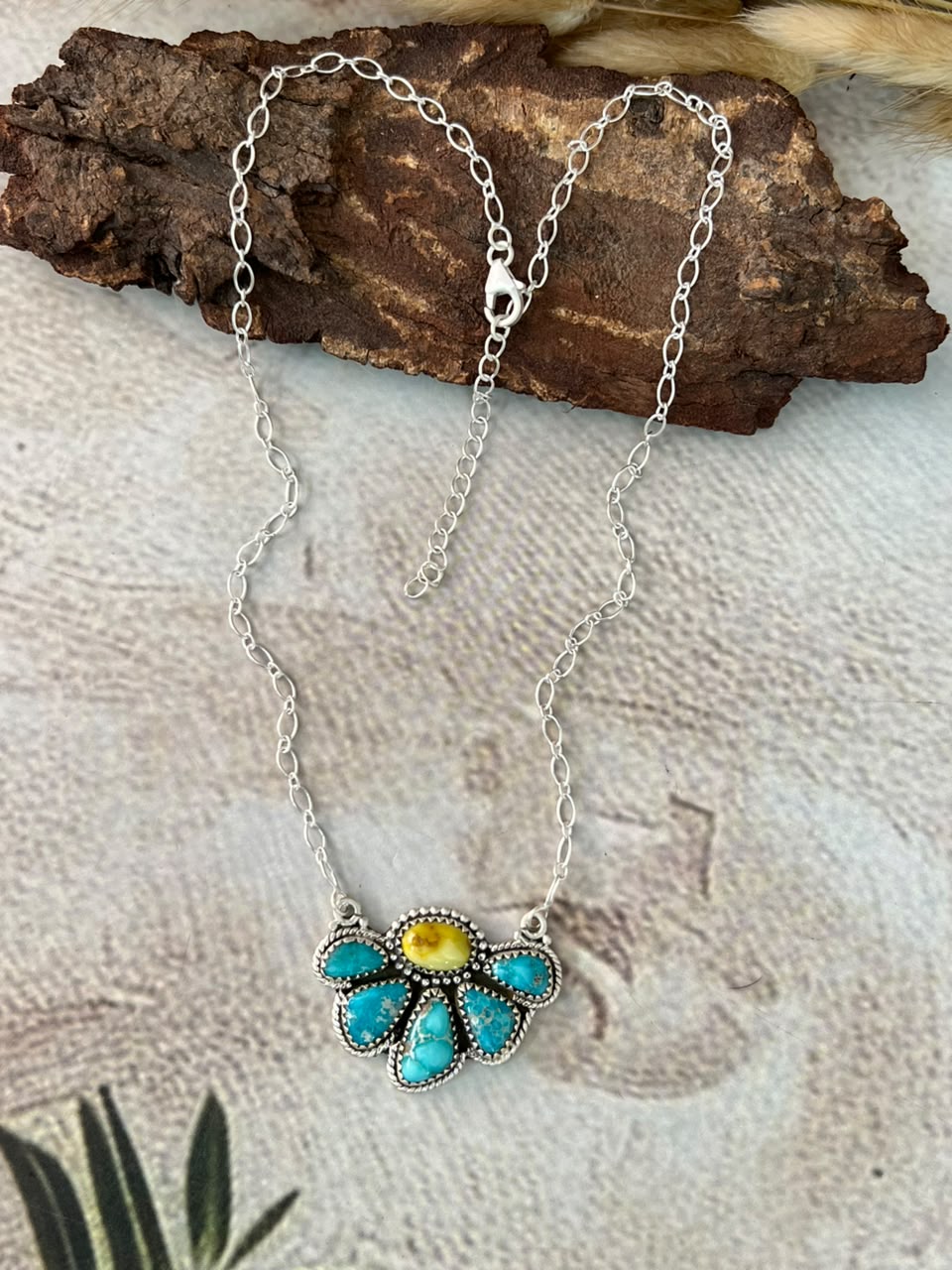 Handmade Sterling Silver White Water with Palomino Turquoise Necklace Signed Nizhoni