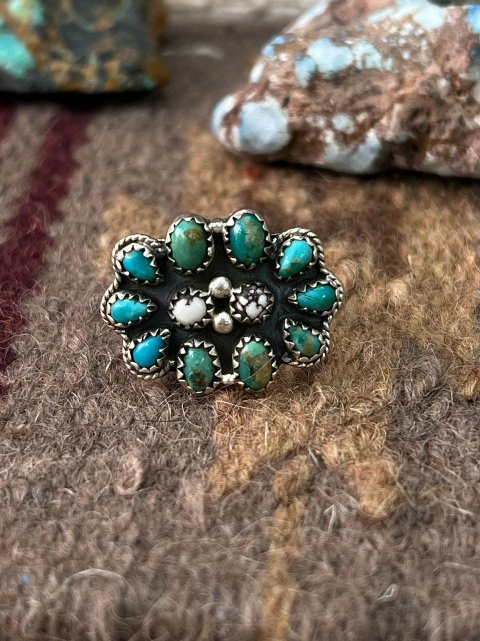 Handmade Sterling Silver Kingman Turquoise with Wildhorse Magnesite Adjustable Ring "Signed Nizhoni"