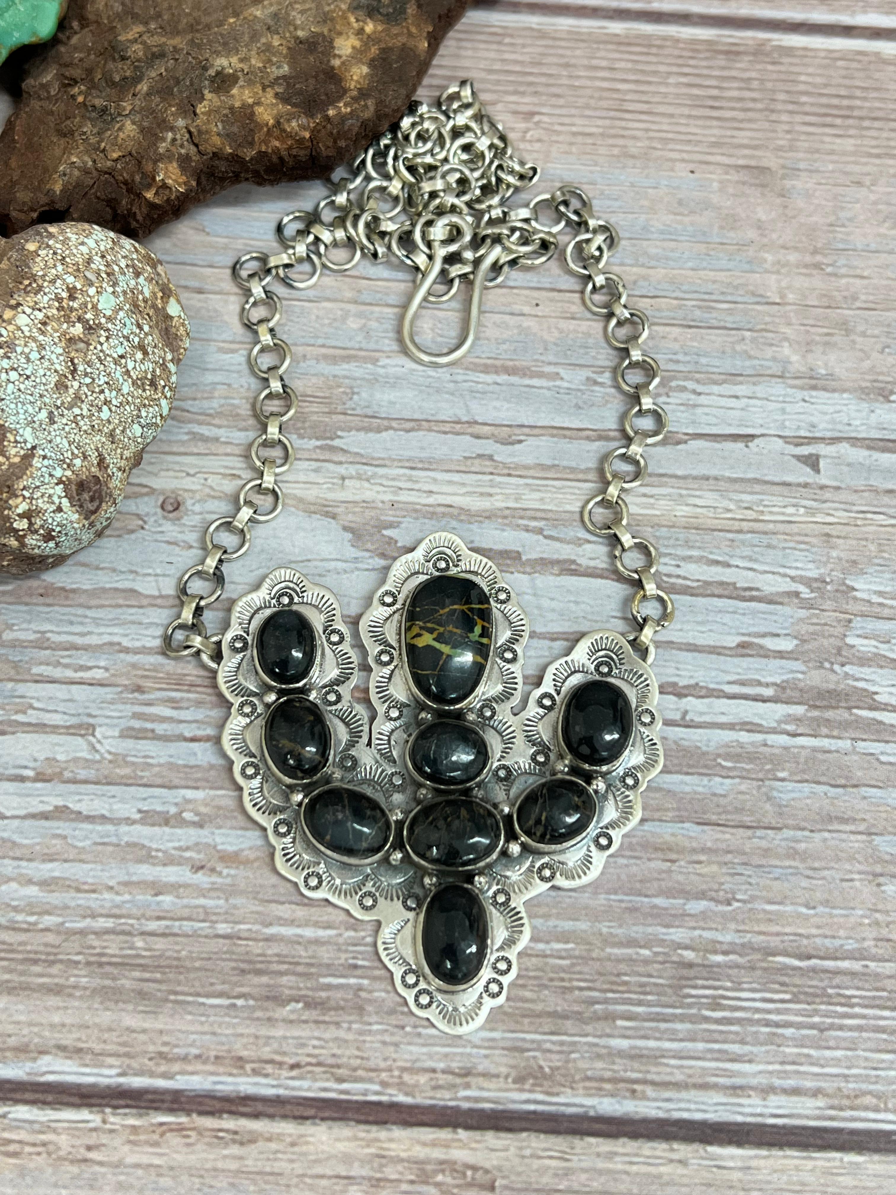Handmade Sterling Silver Blackjack Turquoise Cactus Necklace with Signed Nizhoni