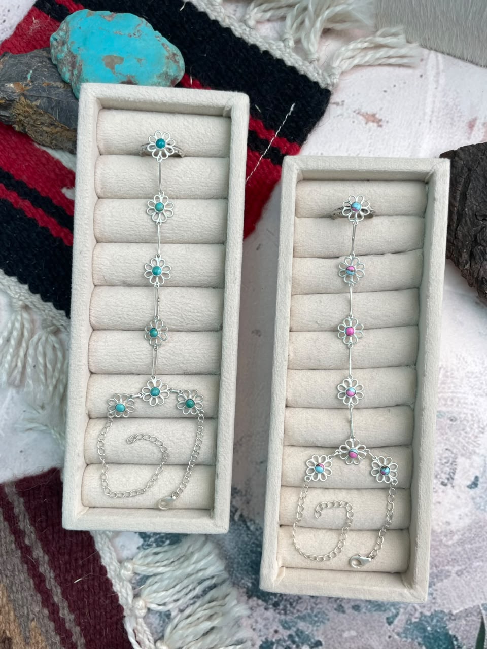 Handmade Sterling Silver Cotton Candy and Kingman Turquoise Flower Collection: Hand Harness