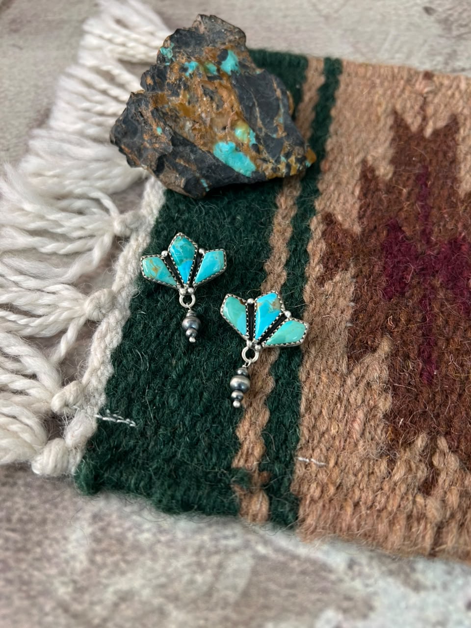 Handmade Sterling Silver Kingman Turquoise Post Dangle Beaded Earrings Signed Nizhoni