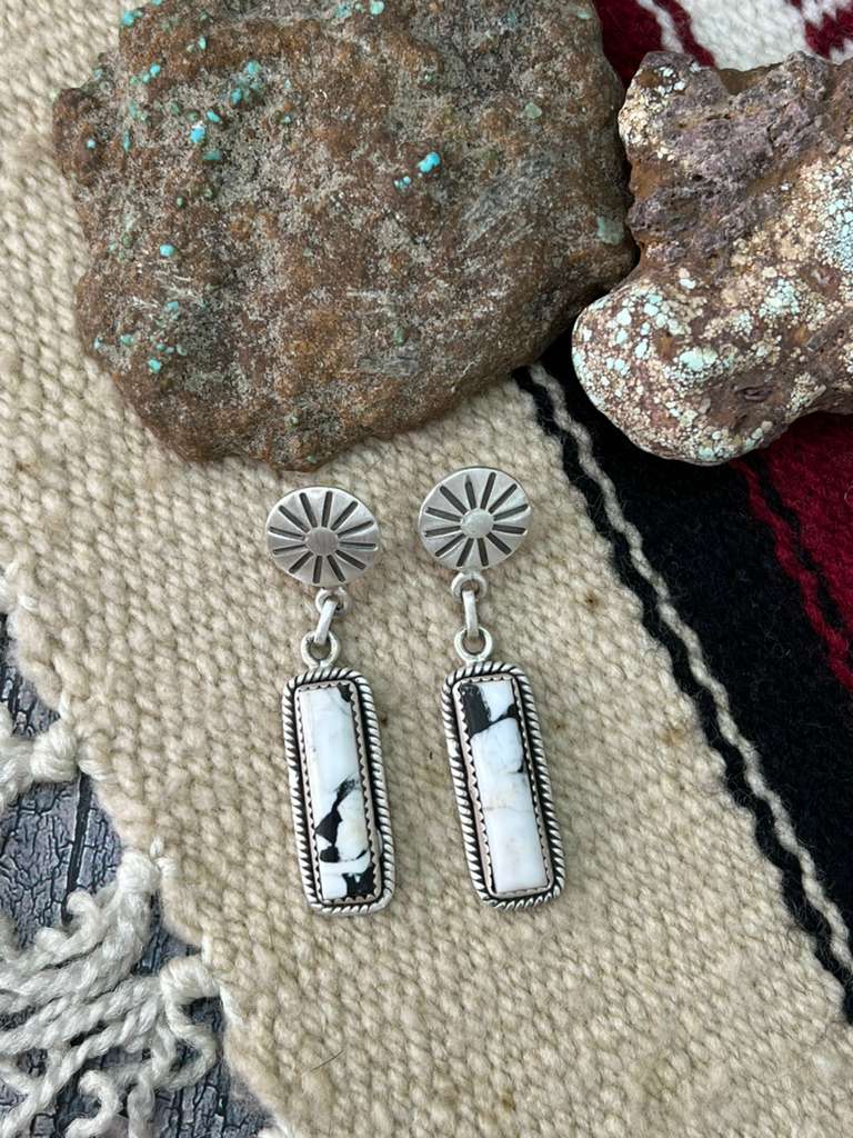 Handmade Sterling Silver White Buffalo Post Dangle Earrings "Signed Nizhoni"