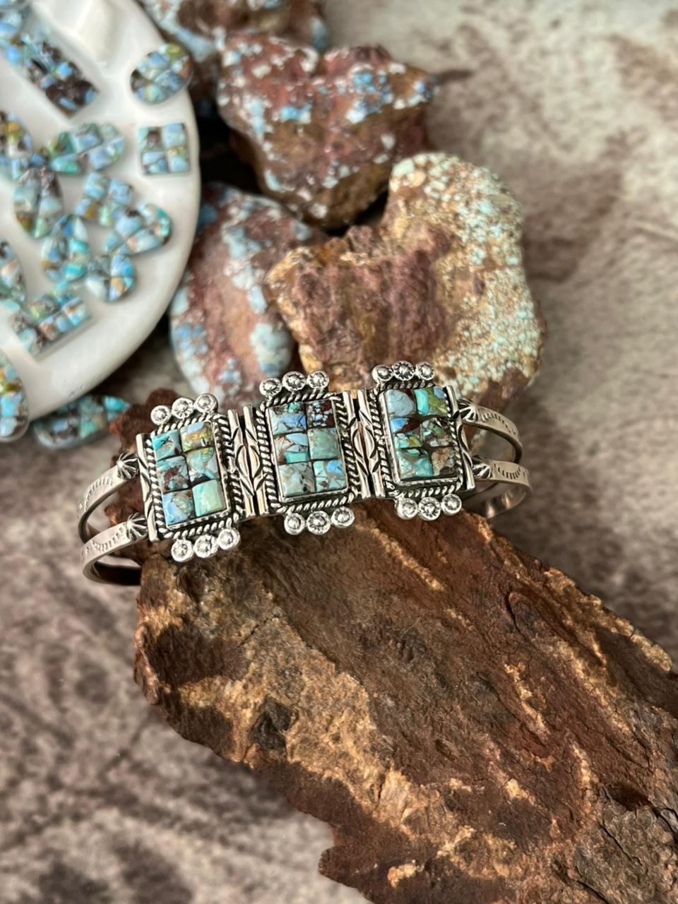 Handmade Sterling Silver Golden Hills Turquoise Cobble Collection Bracelet "Signed Nizhoni"