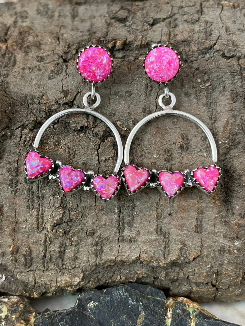 "Heart Collection" Handmade Sterling Silver Hot Pink Post Dangle Earrings "Signed Nizhoni"