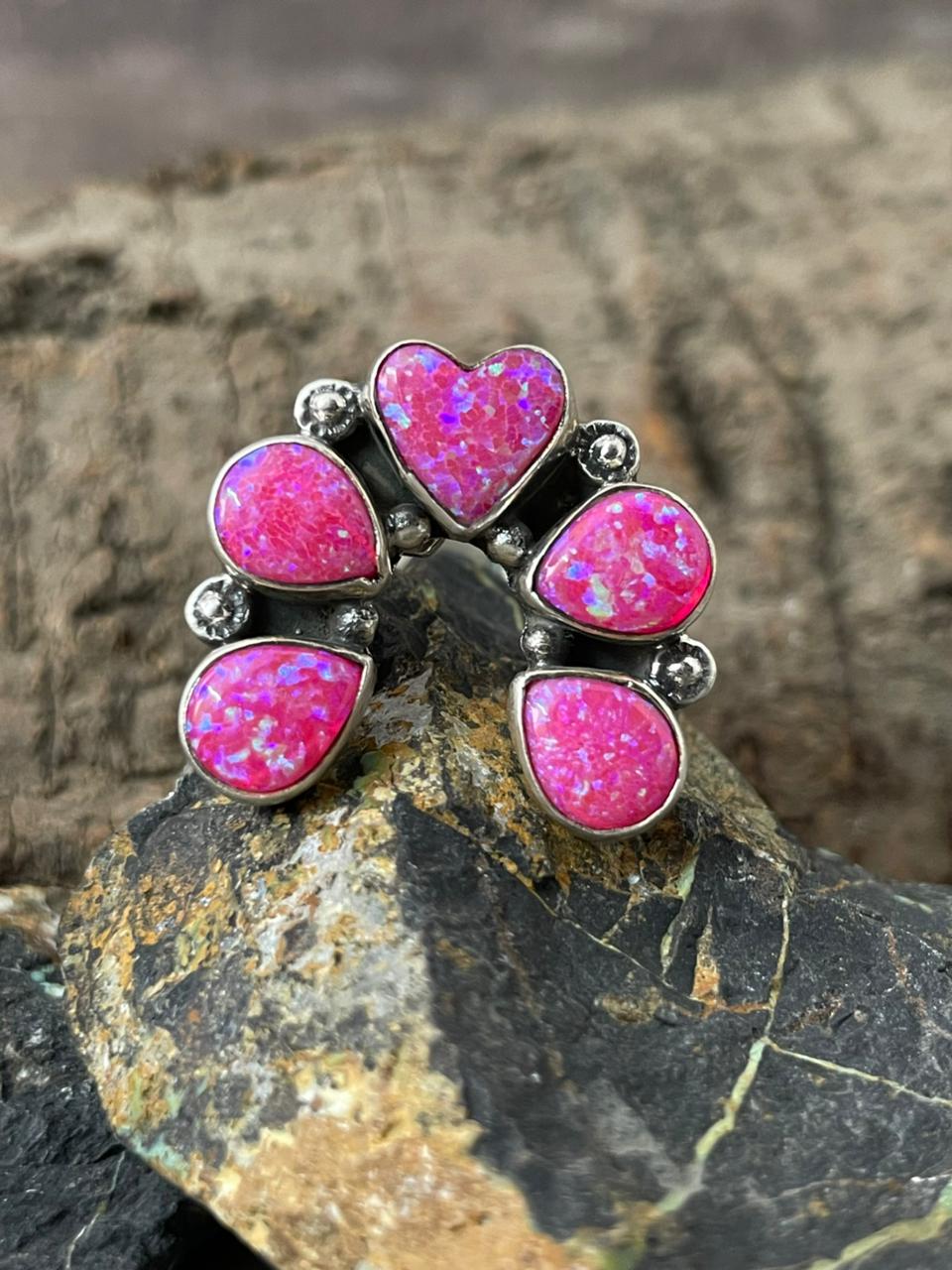 "Heart Collection" Handmade Sterling Silver Hot Pink Adjustable Ring "Signed Nizhoni"