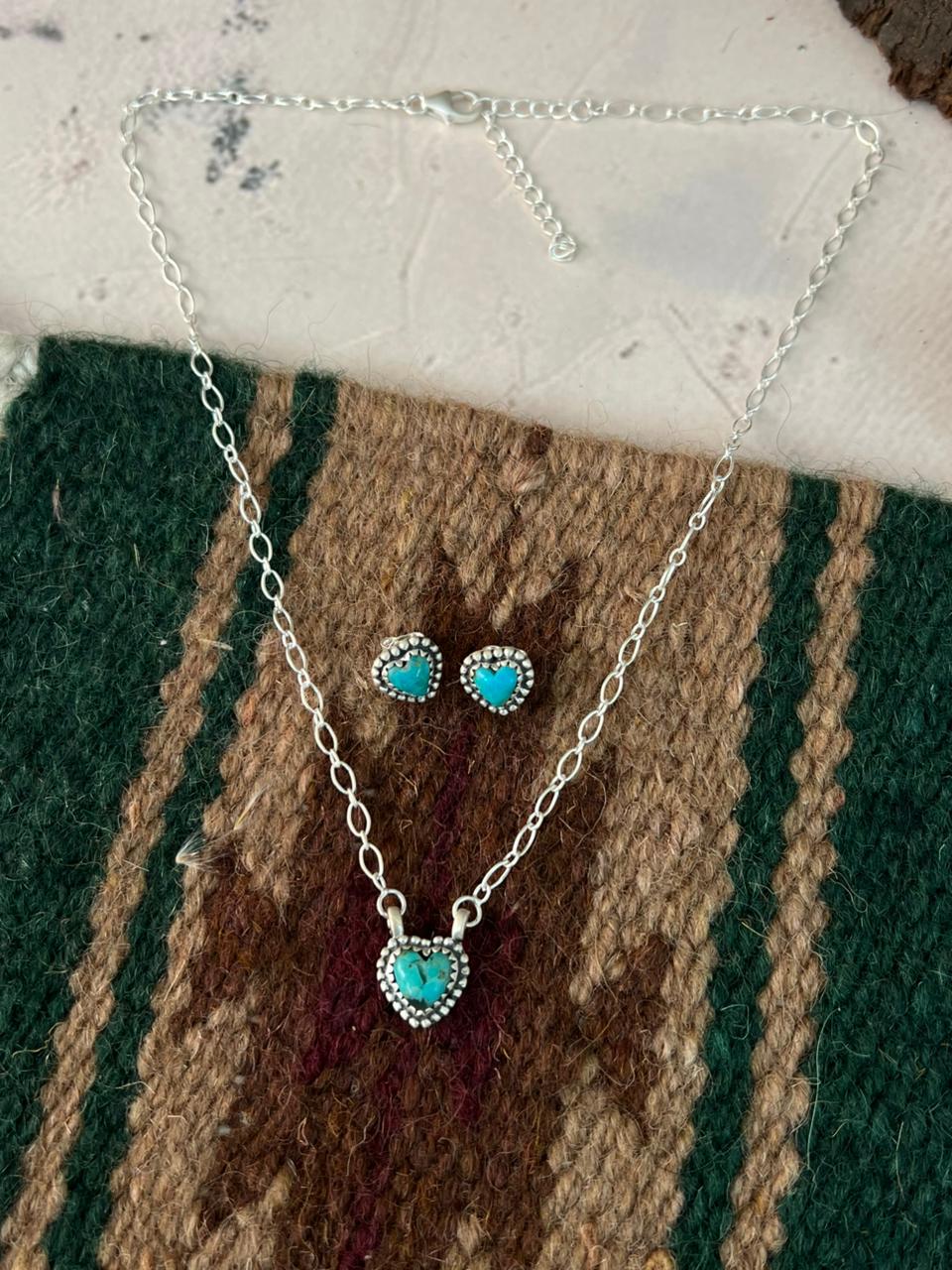 Handmade Sterling Silver Kingman Turquoise Heart Necklace and Earrings Set Signed Nizhoni