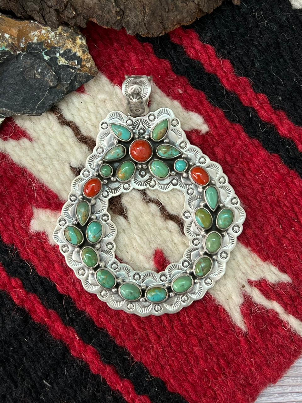 "Christmas Collection" Handmade Sterling Silver Kingman with Coral Pendant "Signed Nizhoni"