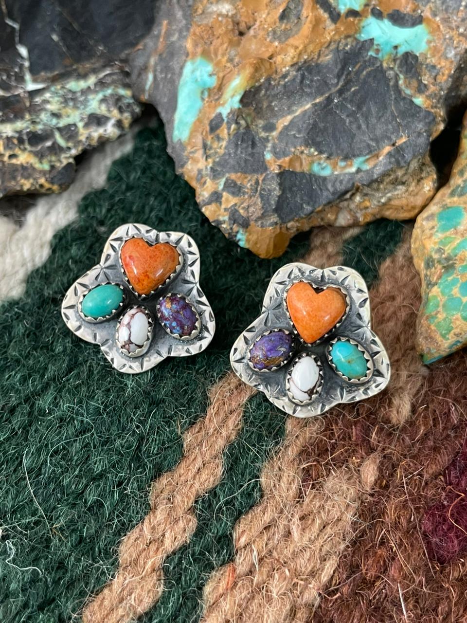 Handmade Sterling Silver Multi Stone Post Stud Earrings "Signed Nizhoni"
