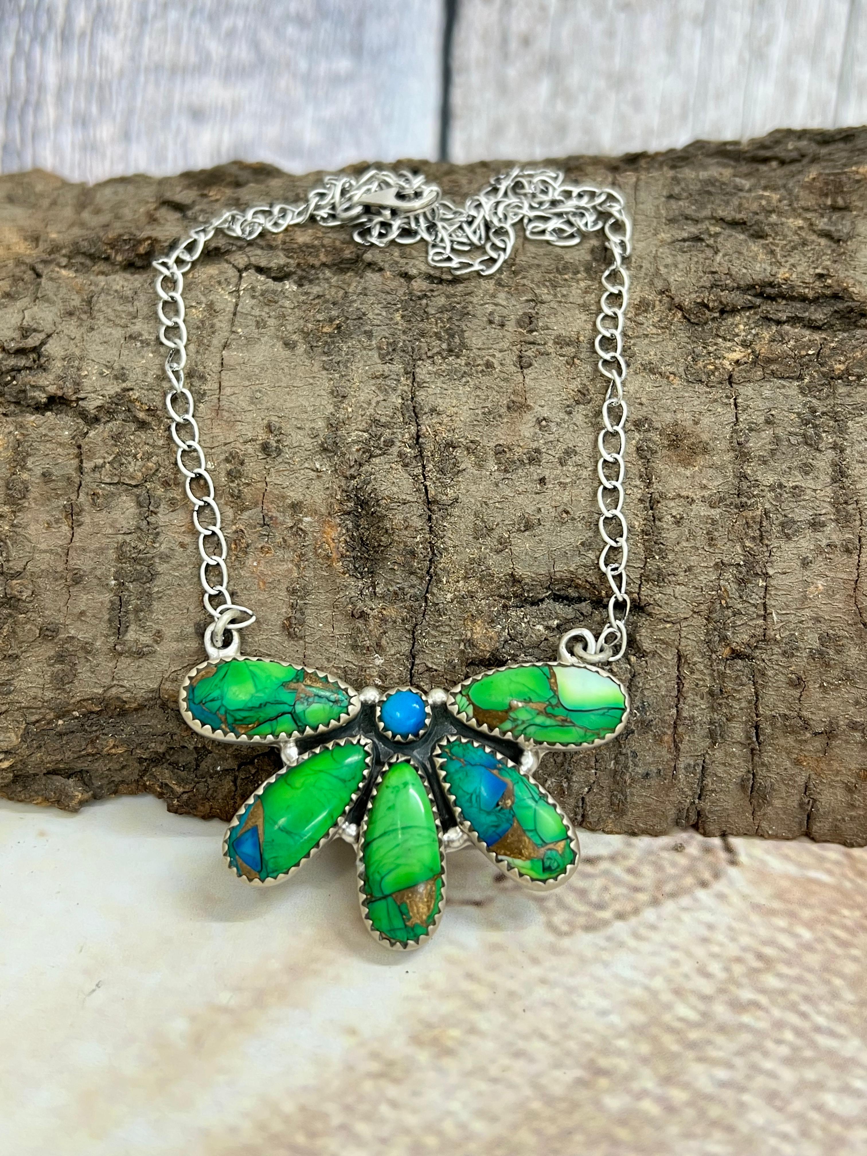 Handmade Sterling Silver Peacock Dahlia Necklace with Signed Nizhoni