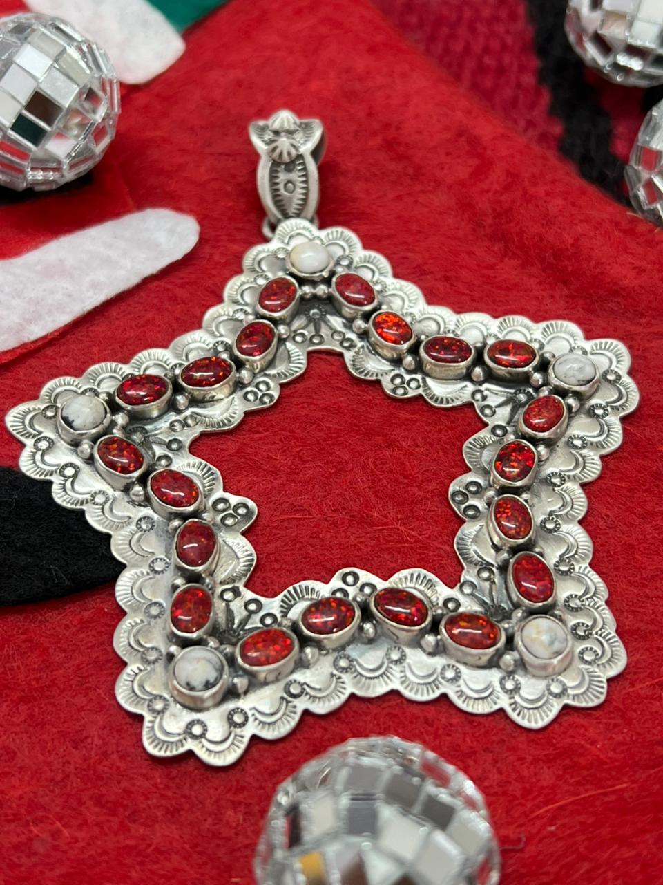 "Christmas Collection" Handmade Sterling Silver Red Opal with White Buffalo Pendant " Signed Nizhoni"
