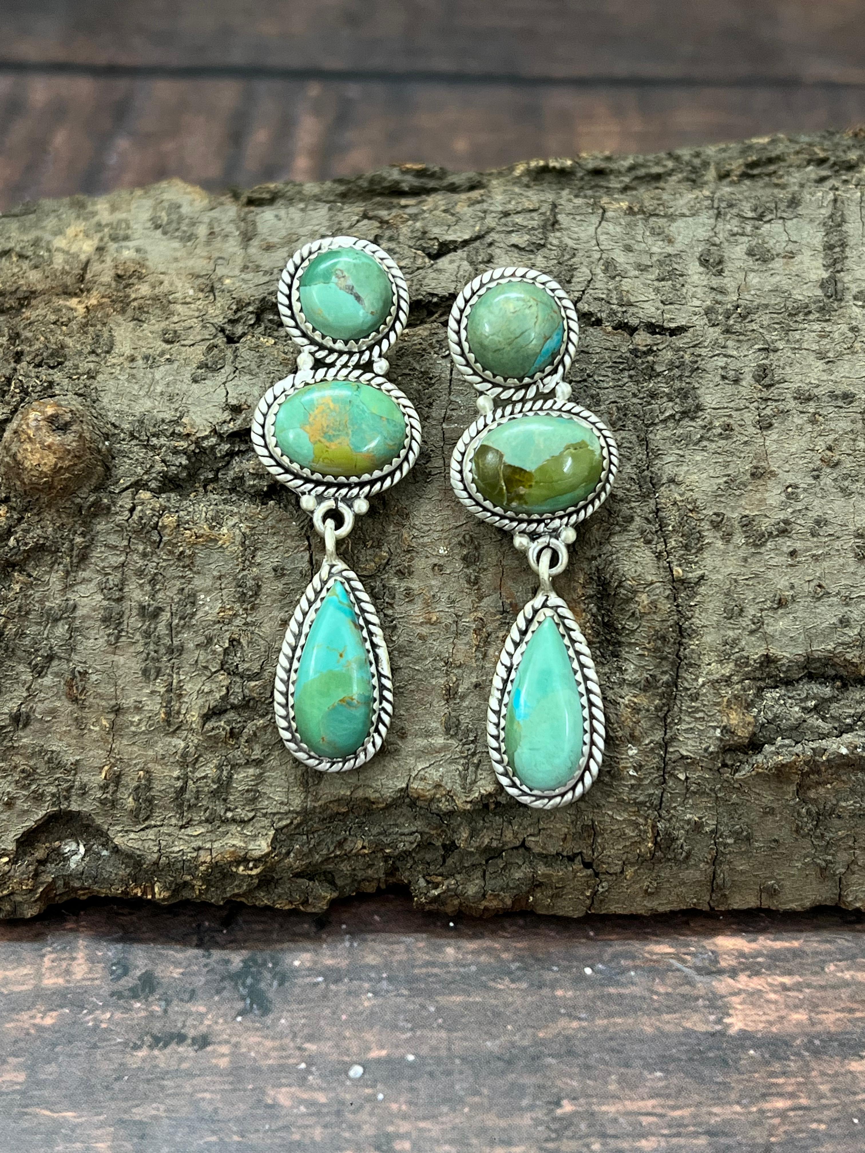 Handmade Sterling Silver Kingman Turquoise Post Dangle Earrings with Signed Nizhoni
