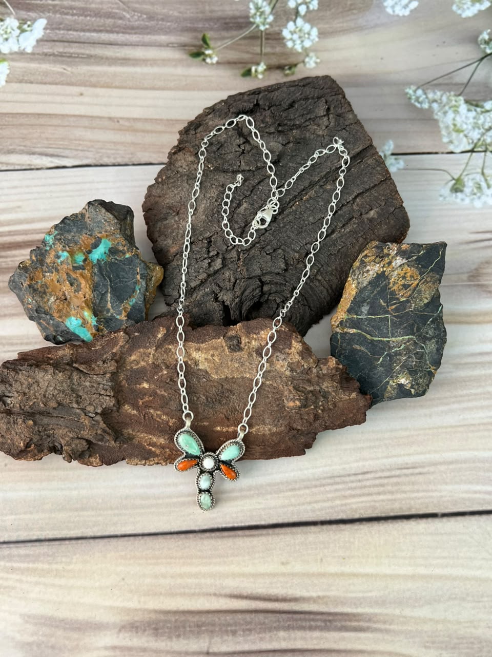 Handmade Sterling Silver Paloma Turquoise with Orange Mojave and White Buffalo Necklace Signed Nizhoni