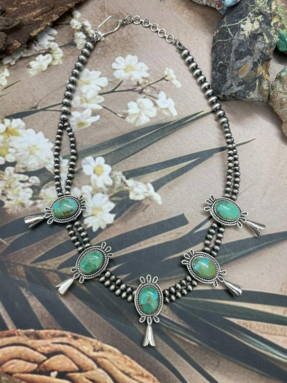 Handmade Sterling Silver Kingman Turquoise Beaded Blossom Necklace "Signed Nizhoni"