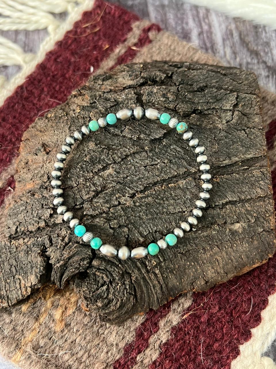 Handmade Sterling Silver Kingman Turquoise Beaded Stretch Bracelet