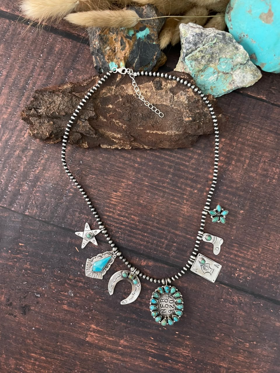 Handmade Sterling Silver Kingman Turquoise NFR Collection: Beaded Necklace Signed Nizhoni
