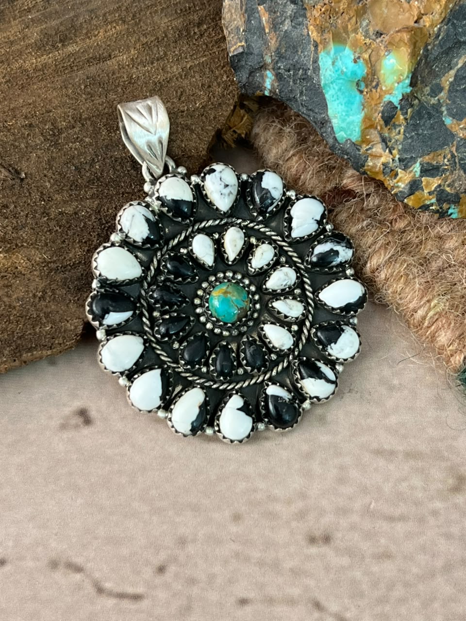 Handmade Sterling Silver Kingman Turquoise with White Buffalo Pendant Signed Nizhoni
