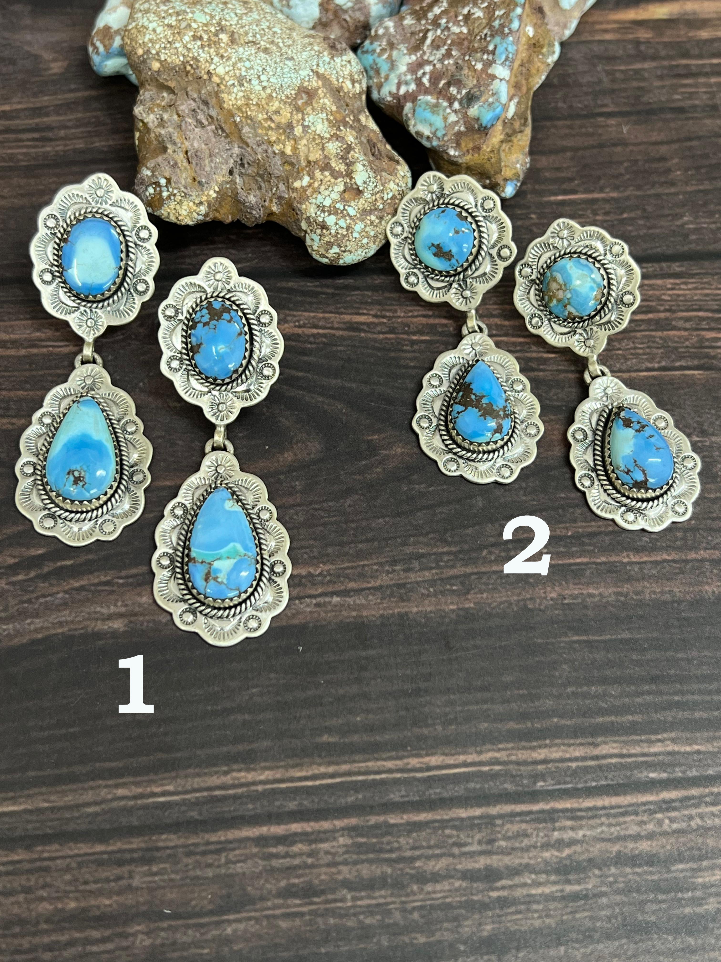 Handmade Sterling Silver Golden Hills Turquoise Post Dangle Earrings with Signed Nizhoni