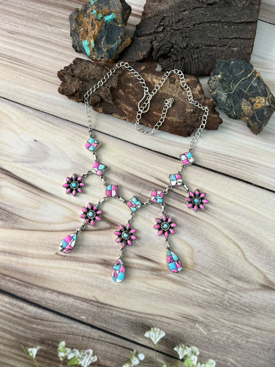 Handmade Sterling Silver Cotton Candy Cobble Stone Necklace Signed Nizhoni