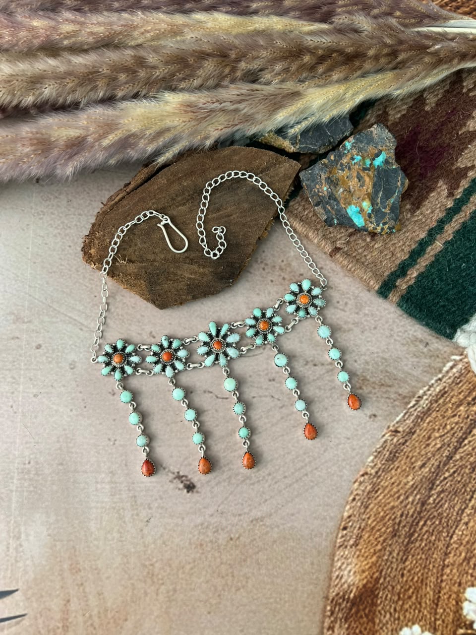 Handmade Sterling Silver Paloma Turquoise with Orange Mojave Choker Necklace Signed Nizhoni