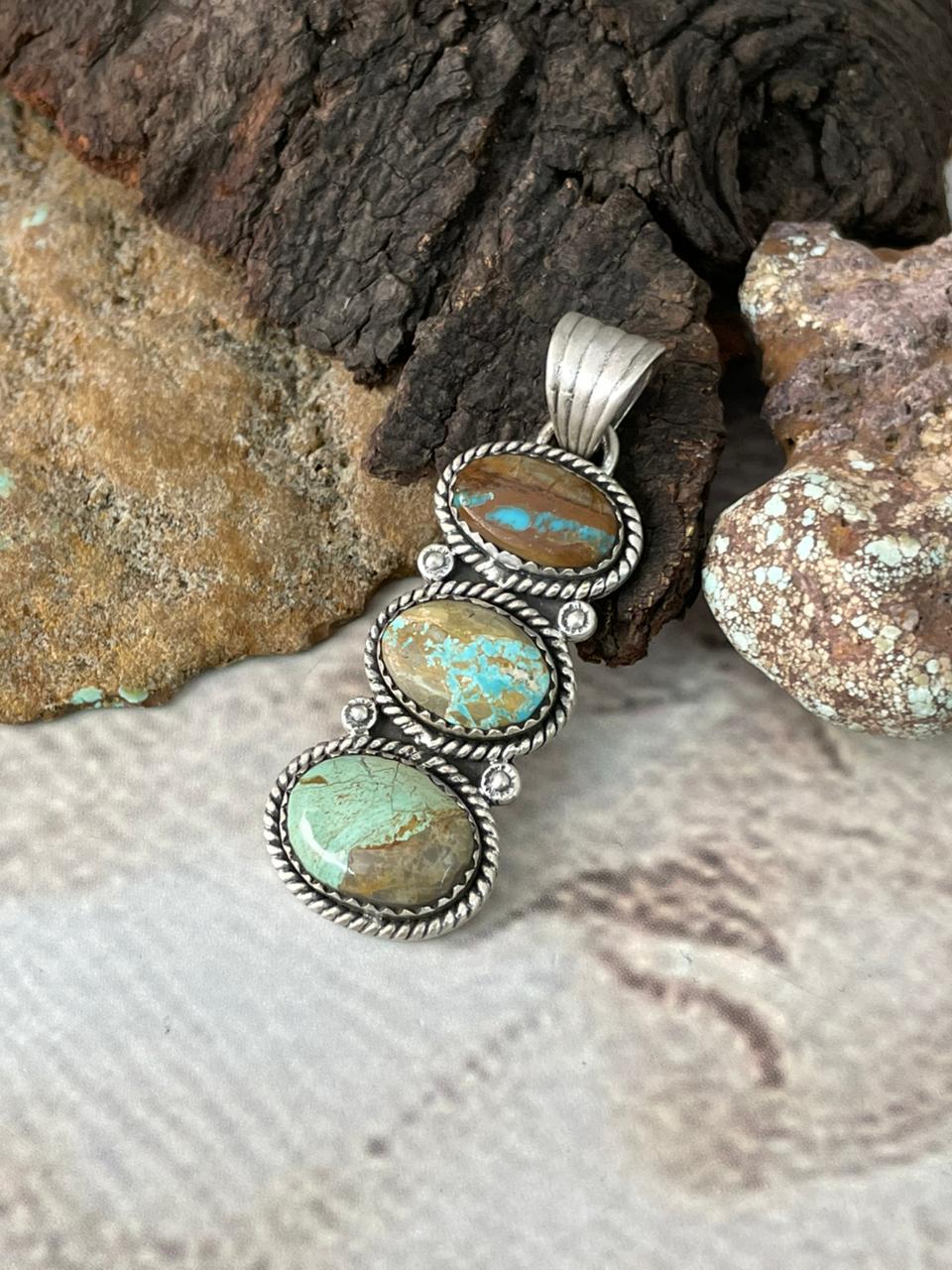 Handmade Sterling Silver Royston Ribbon Turquoise Pendant "Signed Nizhoni"