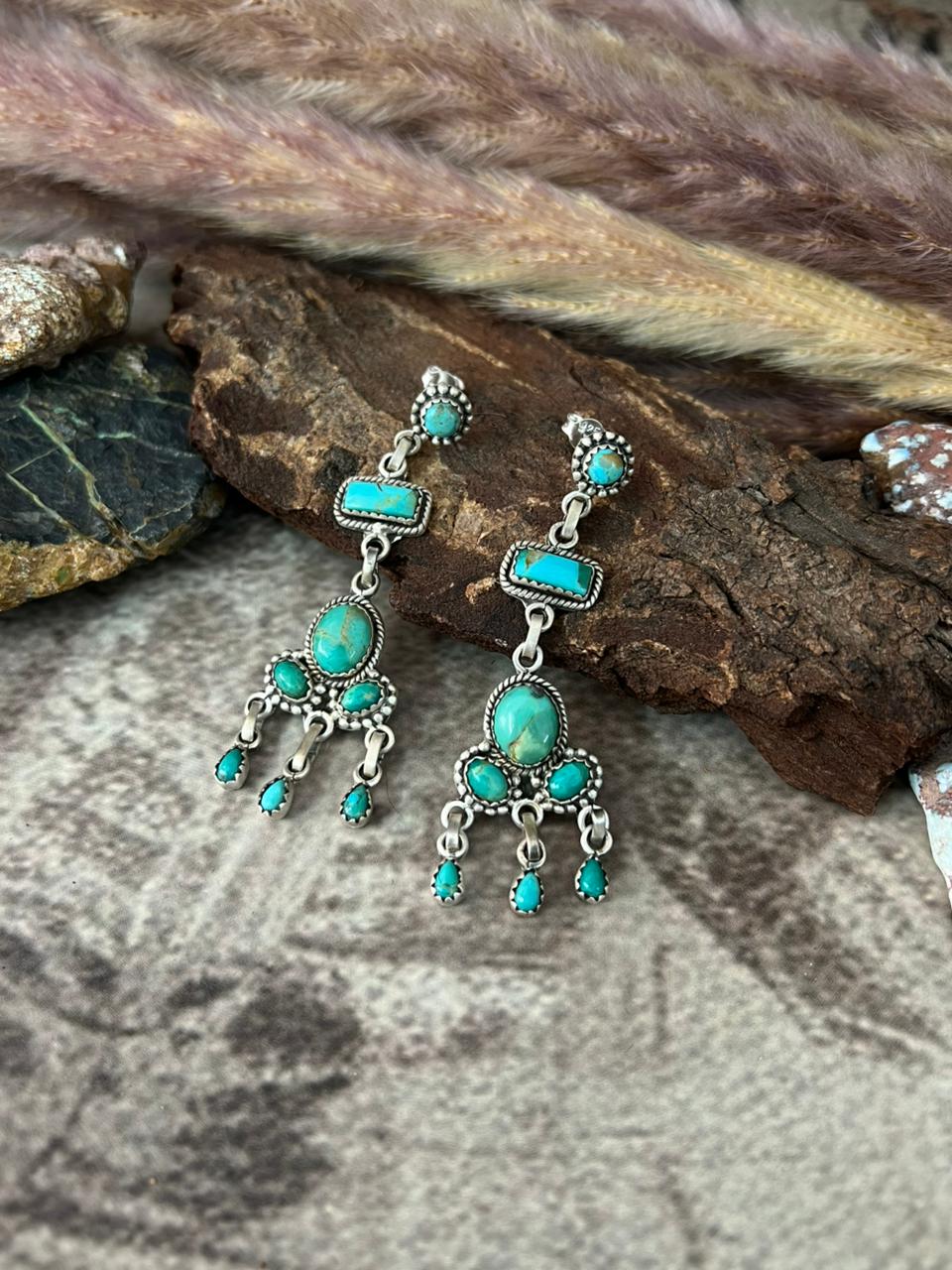 Handmade Sterling Silver Kingman Turquoise Post Dangle Earrings "Signed Nizhoni"