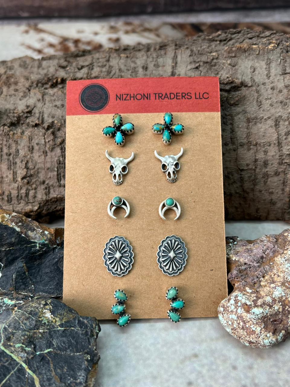Handmade Sterling Silver Kingman Turquoise Post Studs Earrings Set