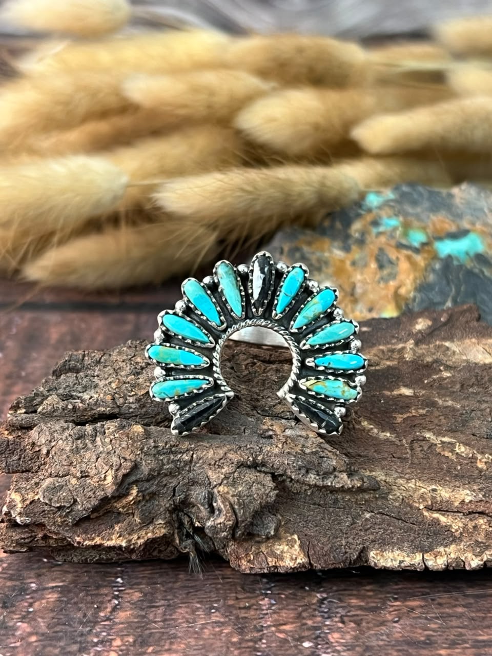 Handmade Sterling Silver White Buffalo with Kingman Turquoise Naja Adjustable Ring Signed Nizhoni