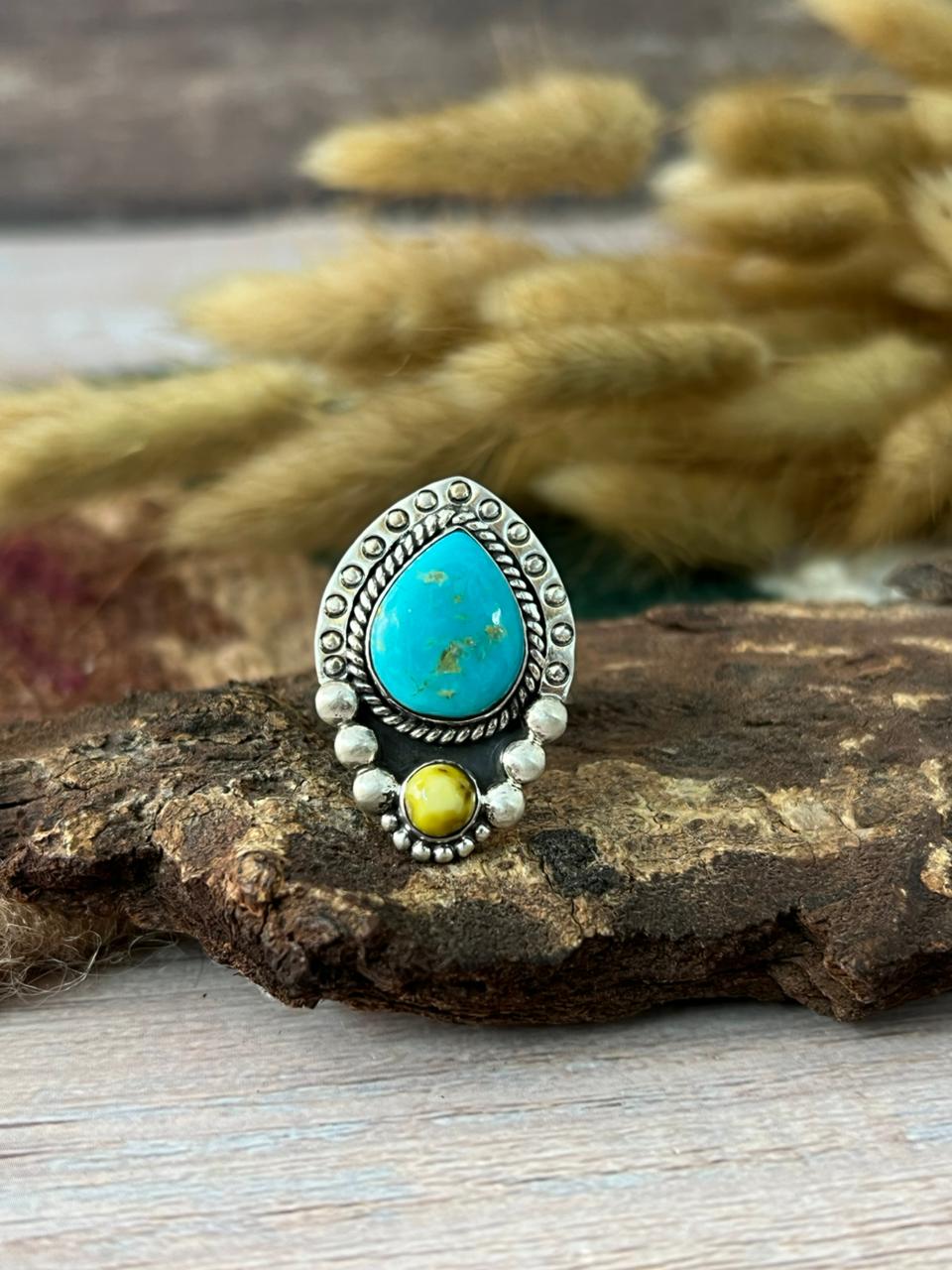 Handmade Sterling Silver Santa Maria with Palomino Turquoise Adjustable Ring "Signed Nizhoni"