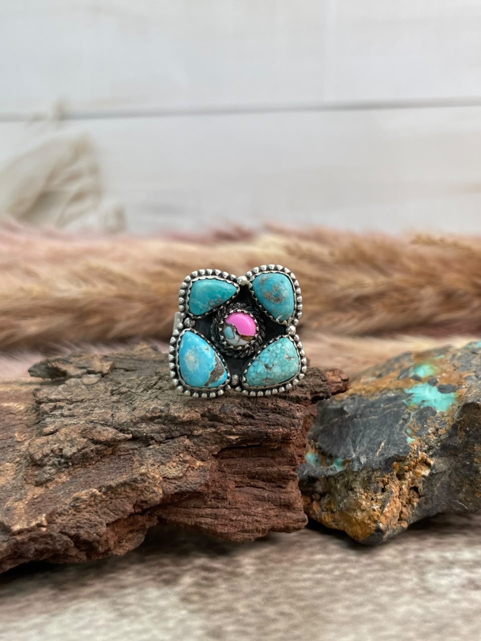 Handmade Sterling Silver Cotton Candy with White Water Turquoise Adjustable Ring Signed Nizhoni