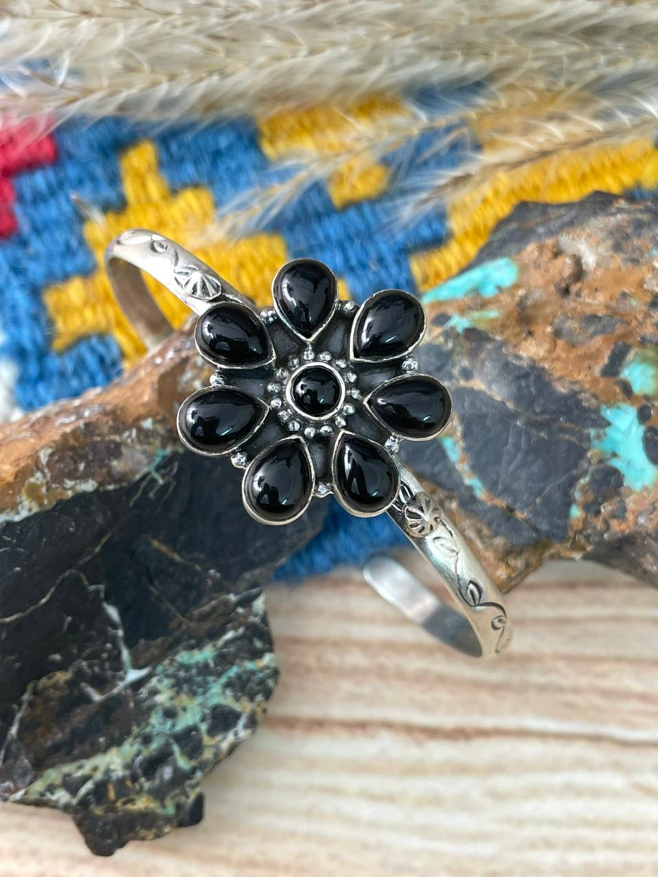 Handmade Sterling Silver Black Onyx Cuff Bracelet "Signed Nizhoni"