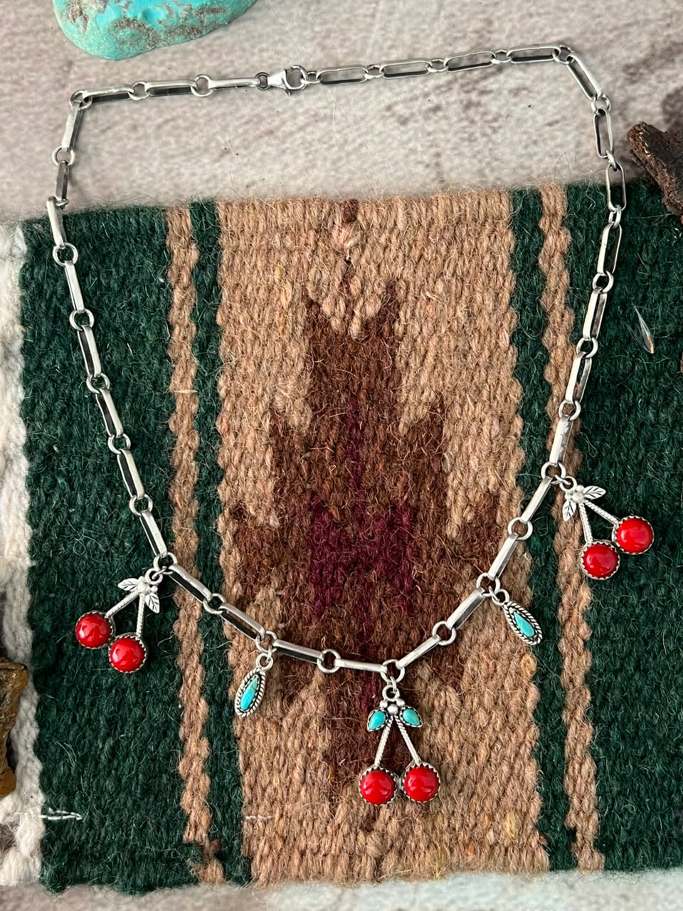 Handmade Sterling Silver Rosarita with Kingman Turquoise Cherry Necklace Signed Nizhoni