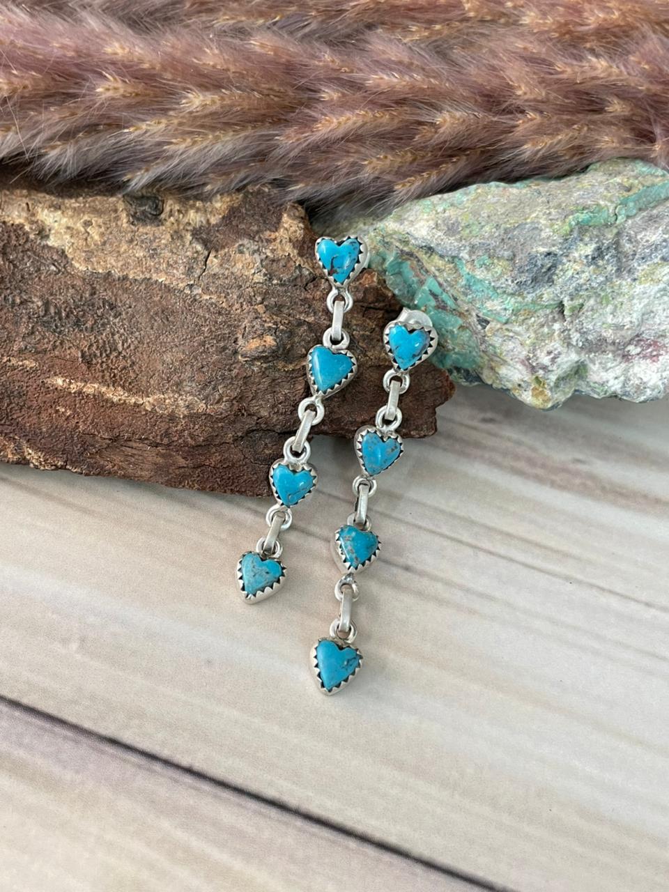Handmade Sterling Silver Blue Kingman Turquoise Post Dangle Earrings Signed Nizhoni