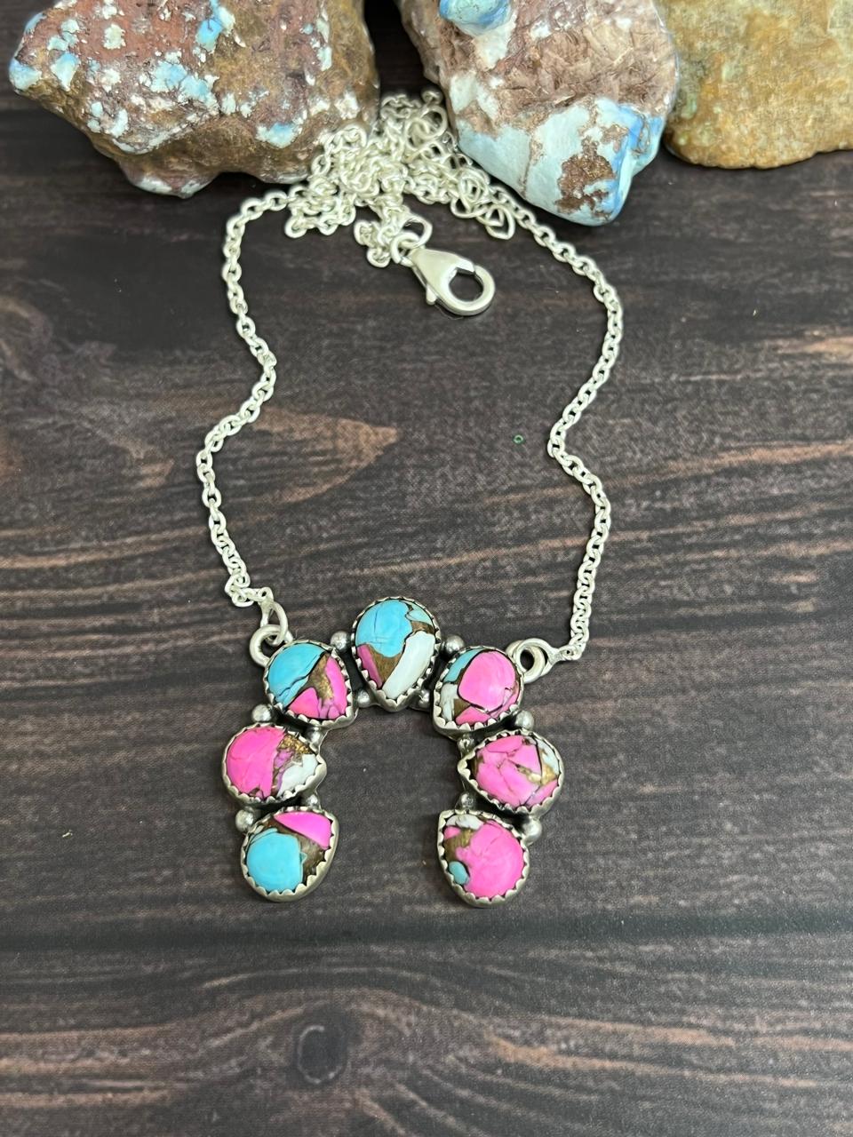 Handmade Sterling Silver Cotton Candy Turquoise Squash Blossom Necklace with Signed Nizhoni