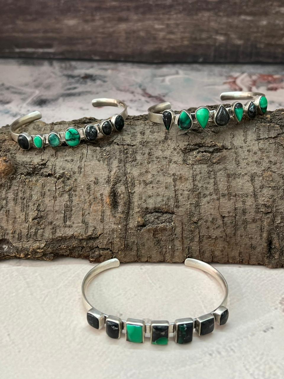 Handmade Sterling Silver Emerald Rose Cuff Bracelet "Signed Nizhoni"