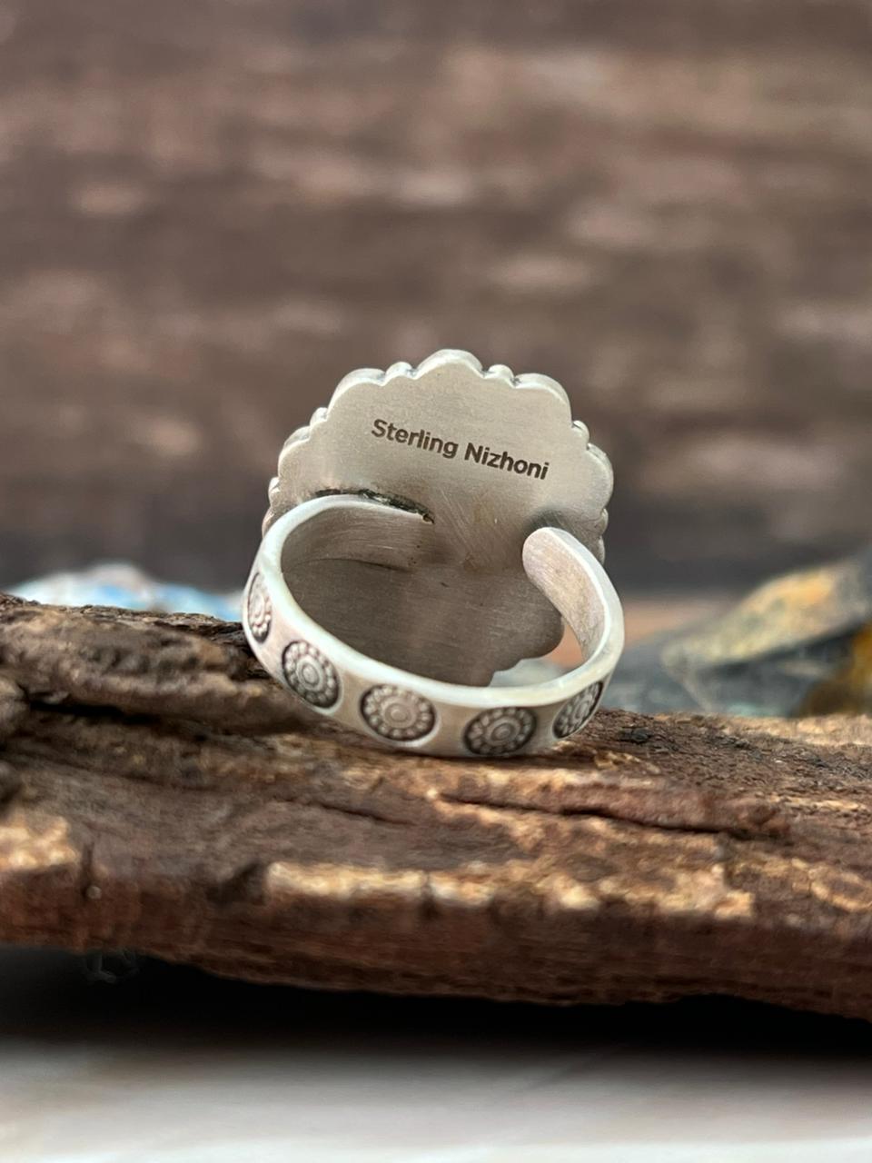Handmade Sterling Silver Cotton Candy with Golden Hills Turquoise Adjustable Ring "Signed Nizhoni"