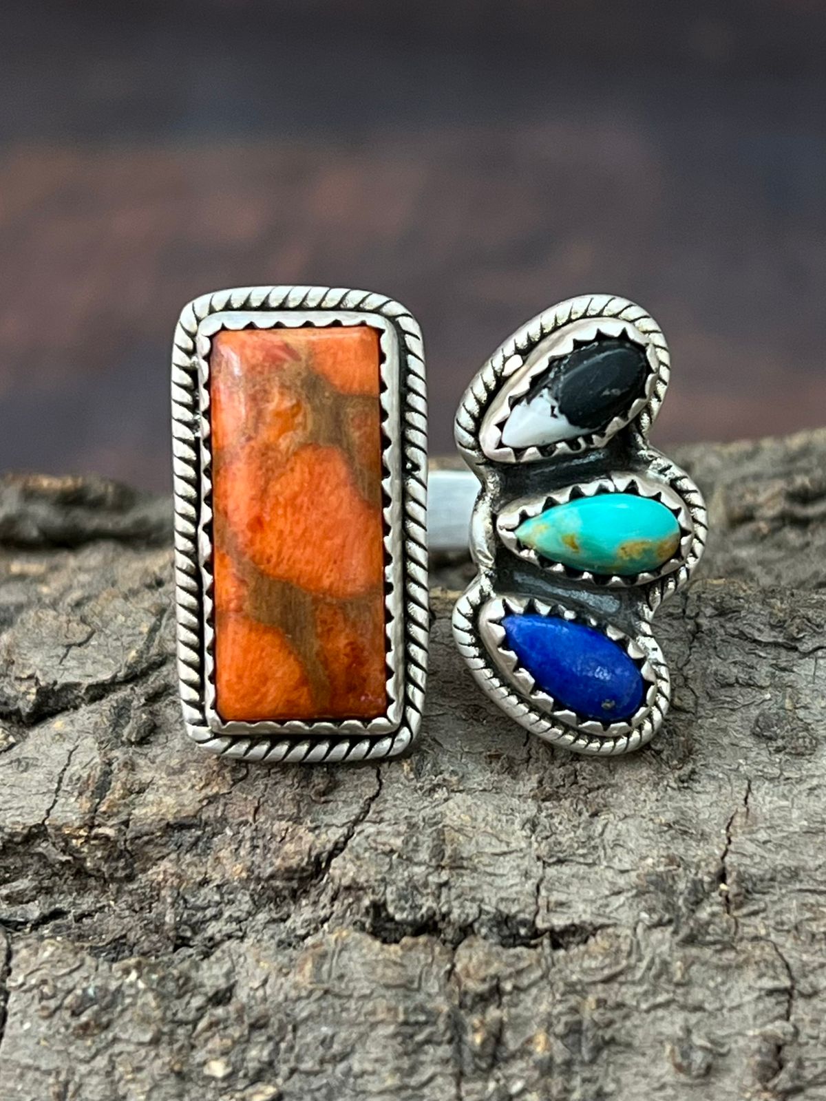 Handmade Sterling Silver Orange Mohave with White Buffalo, Kingman, Lapis Adjustable Ring "Signed Nizhoni"