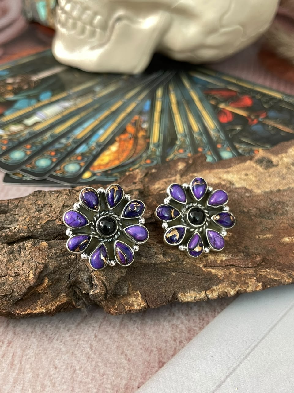 Handmade Sterling Silver Grape Dahlia with Black Onyx Halloween Collection: Post Studs Earrings Signed Nizhoni
