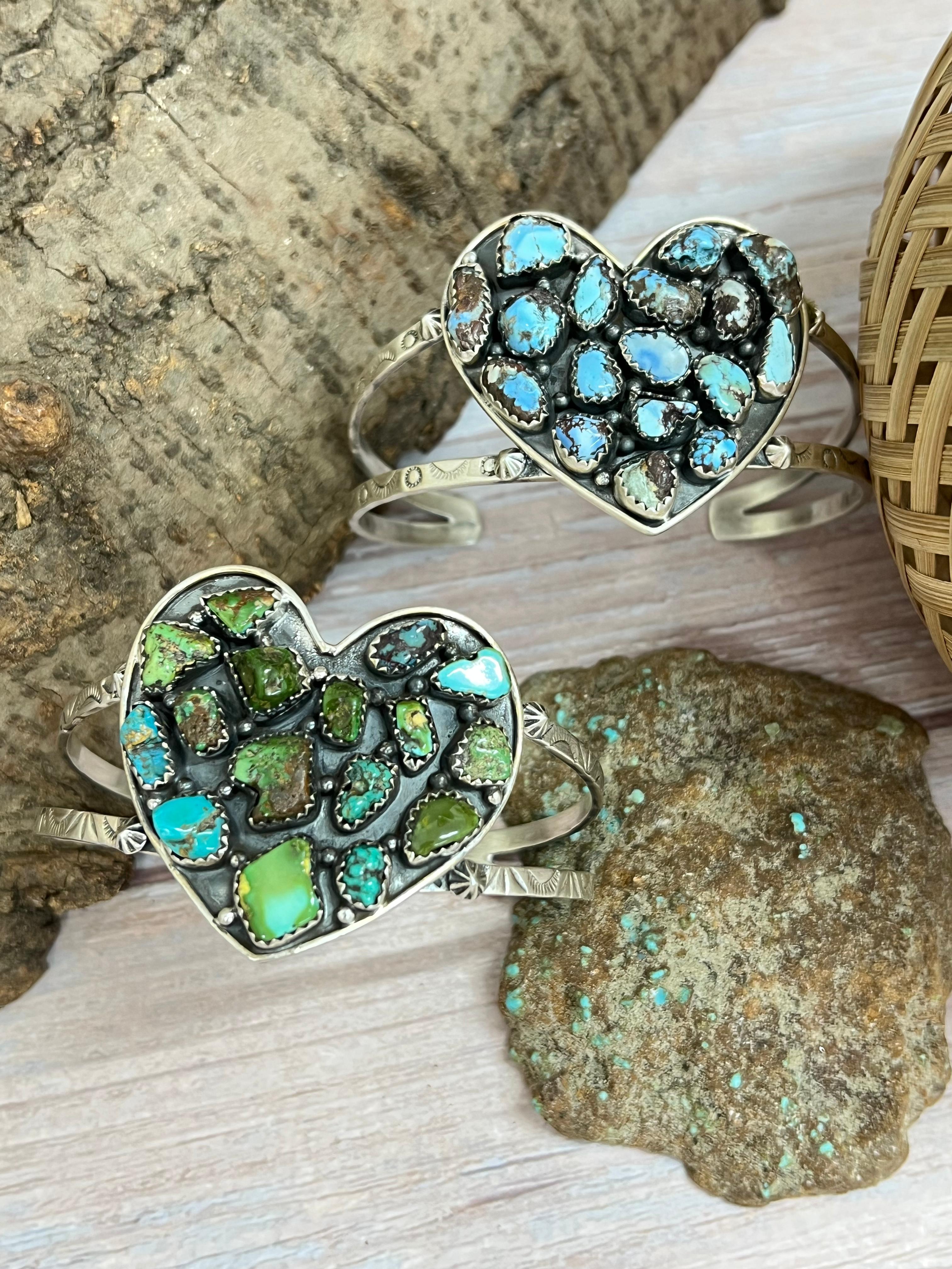 Handmade Sterling Silver Golden Hill, Sonoran Mountain Turquoise Heart Bracelet with Signed Nizhoni /