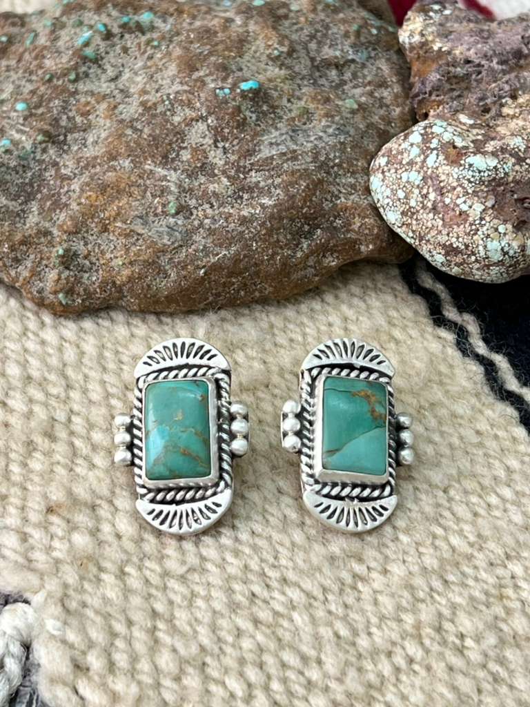Handmade Sterling Silver Kingman Turquoise Post Studs "Signed Nizhoni"
