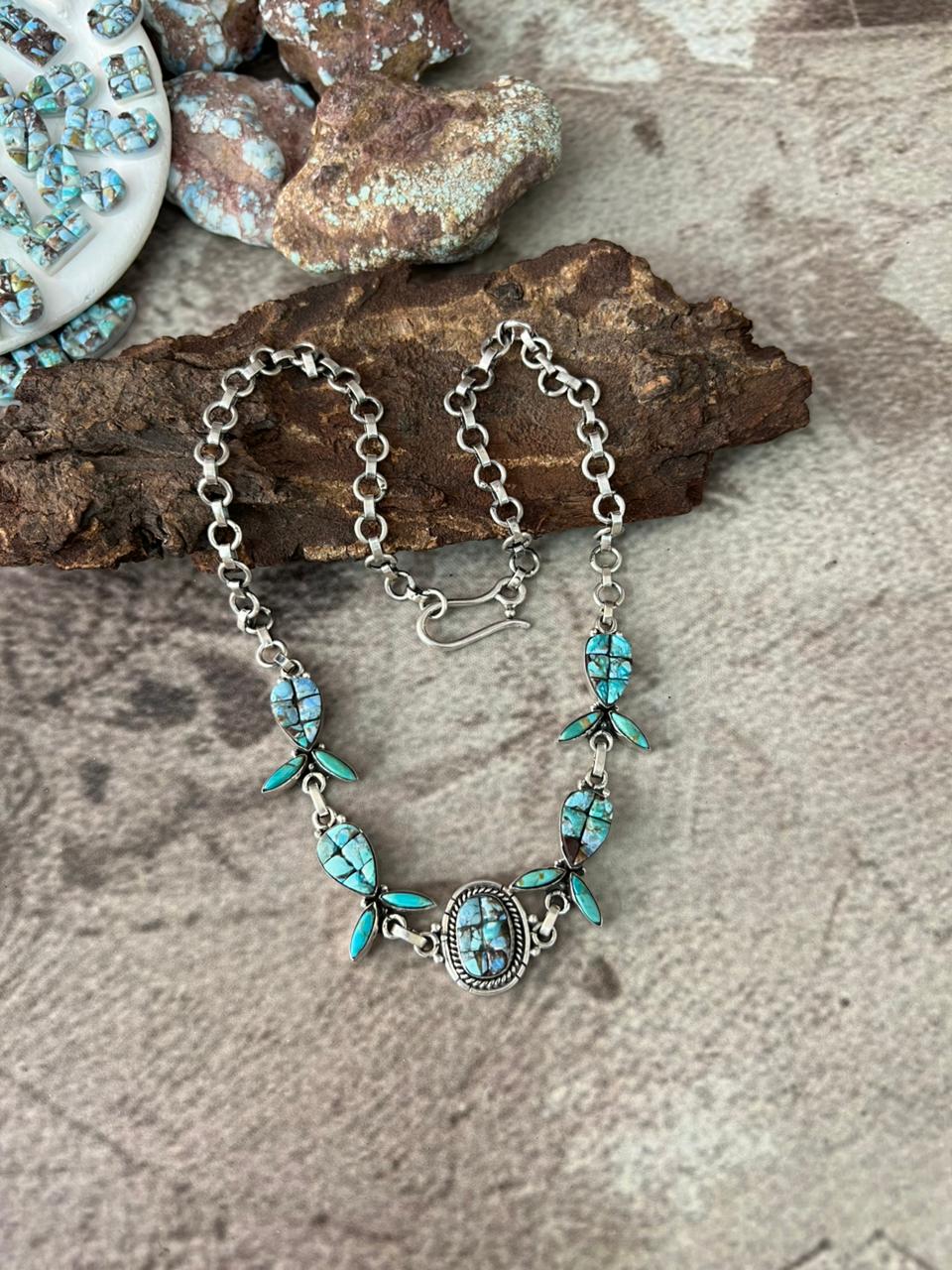 Handmade Sterling Silver 'Golden Hills Turquoise Cobble Collection' Necklace "Signed Nizhoni"