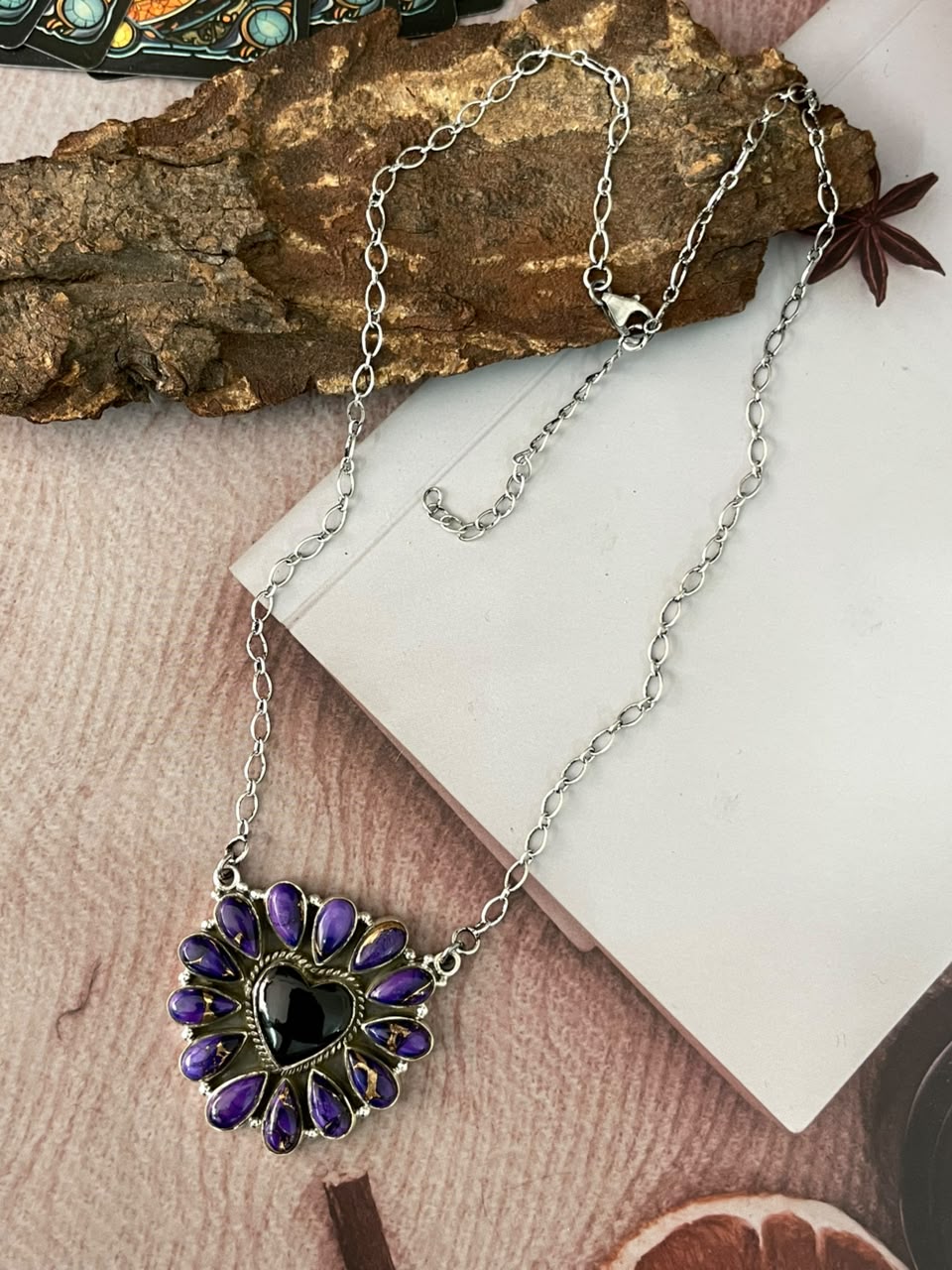 Handmade Sterling Silver Grape Dahlia with Black Onyx Halloween Collection: Heart Necklace Signed Nizhoni