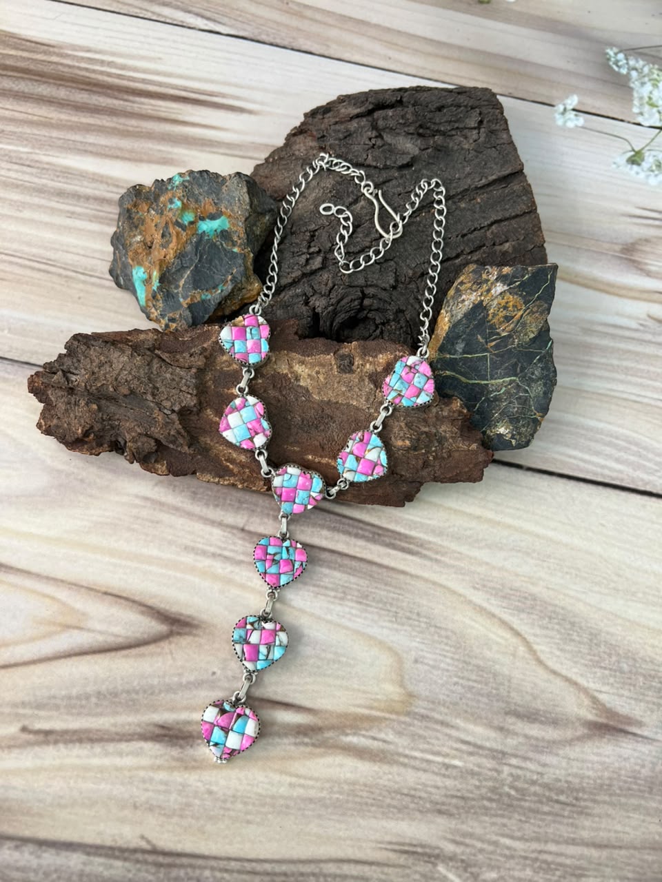 Handmade Sterling Silver Cotton Candy Cobble Stone Heart Choker Necklace Signed Nizhoni
